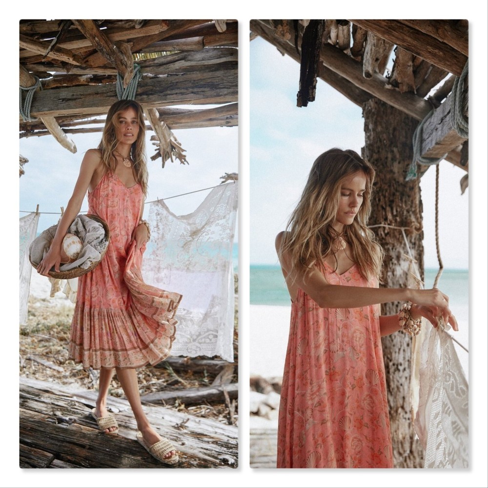 SPELL & THE GYPSY Womens Size XS or 6 / US 2 Seashell Strappy Midi Dress RARE