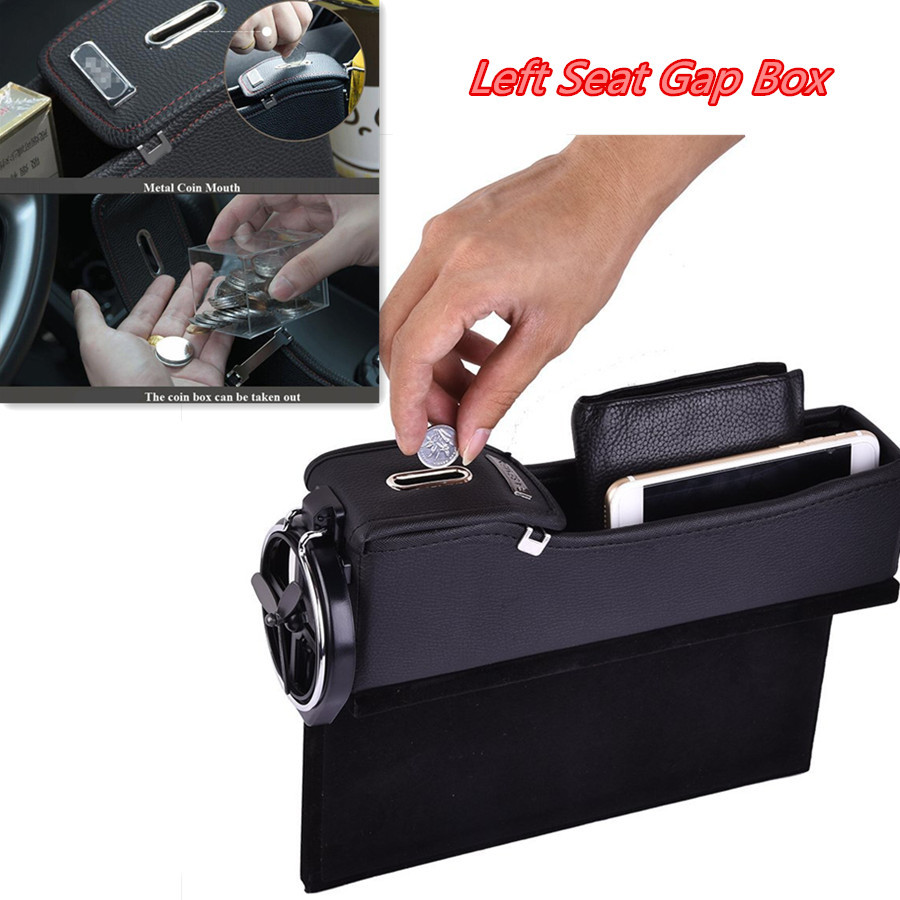 Black PU Car Left Seat Storage Box Catcher Gap Filler Coin Collector Cup Holder