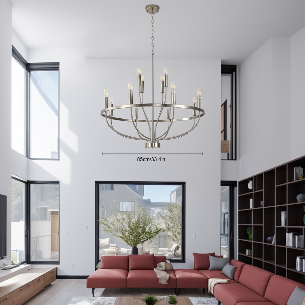 12-Light Brushed Nickel Chandelier Dining Room Fixture 33.46in Wide