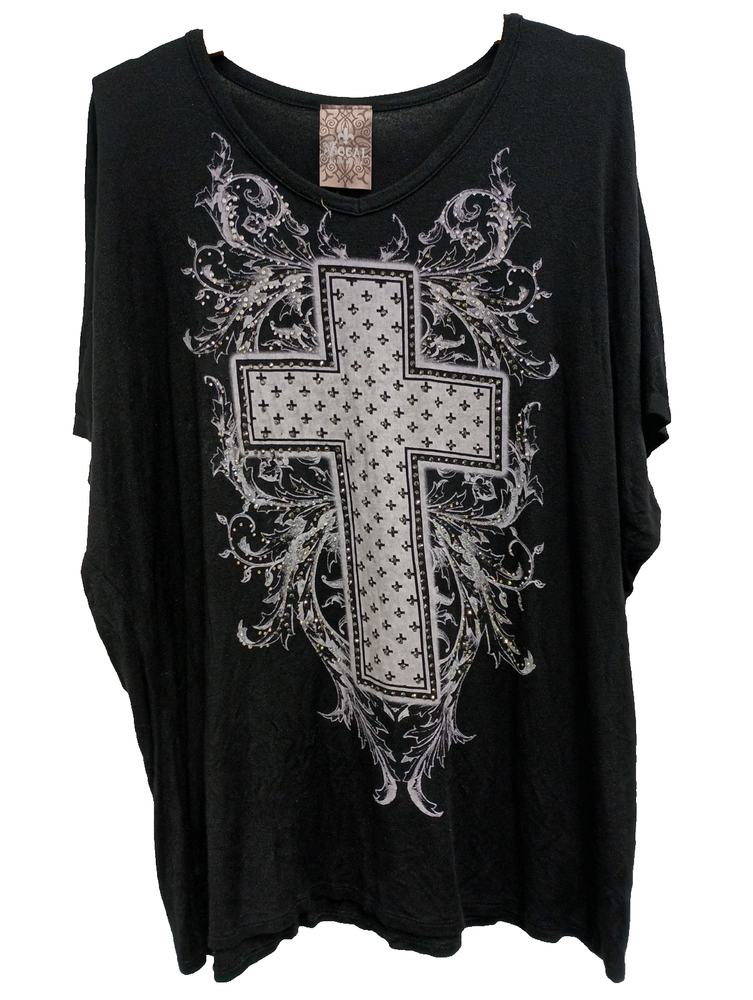 Vocal Top Womens Size 1X Black Embellished Cross Gothic Grunge Short Sleeve