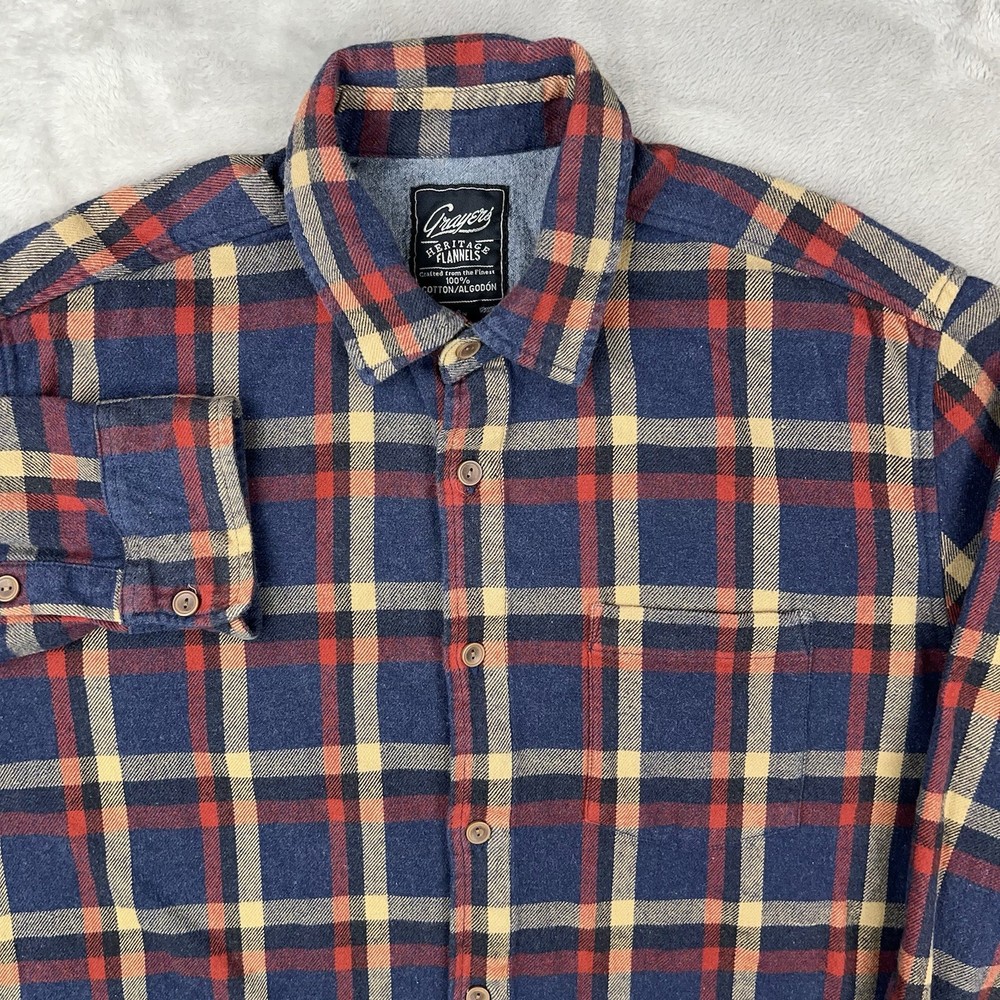 GRAYERS Heritage Flannel Shirt Men's XL 100% Cotton Button Up Blue Red Plaid