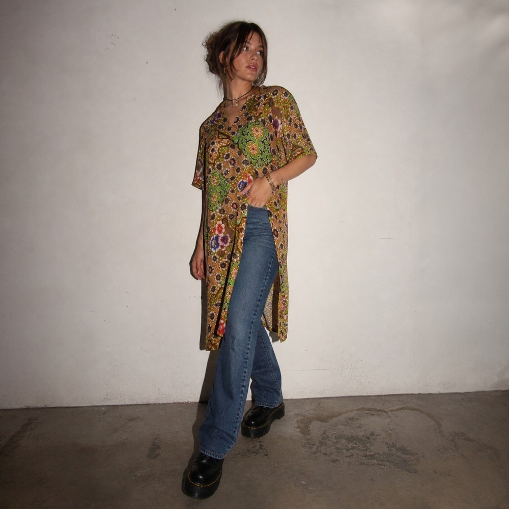 Vintage 70s Brown Floral Tunic Boho Hippie Sheer Size Large Batik Print Festival