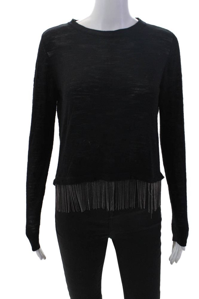 Milly Womens Crew Neck Chain Fringe Detail Long Sleeve Blouse Top Black Size PFree Shipping in US $100+ Orders | $6.95 Orders Below
