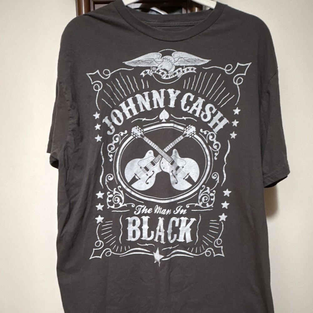 Johnny Cash Man In Black Shirt Mens L Heather Gray Short Sleeve T-shirt Guitars
