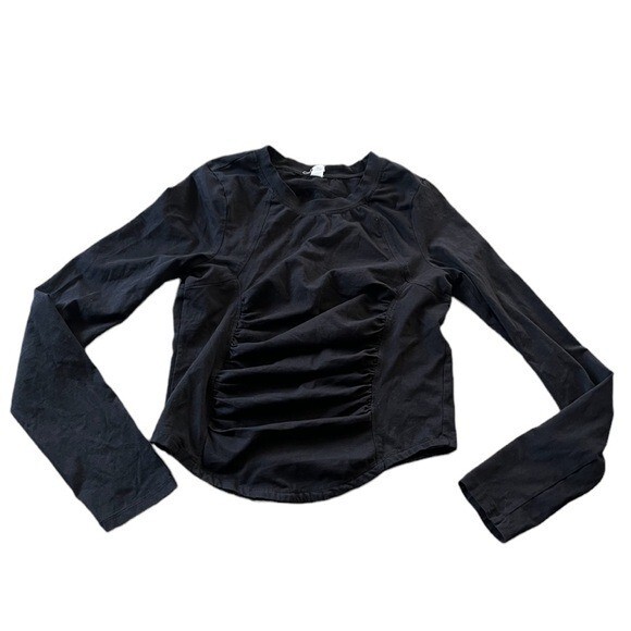 Anthropologie Daily Practice Womens Black Ruched Long Sleeve Top Size Small
