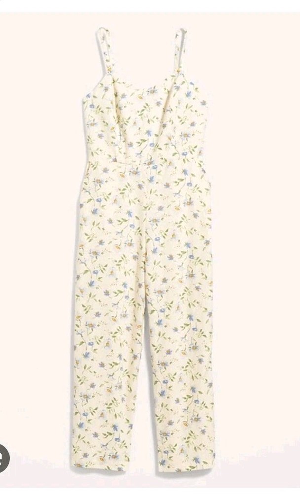 Sleeveless Floral Cream Linen Jumpsuit Overalls With Pockets Straight Leg Small