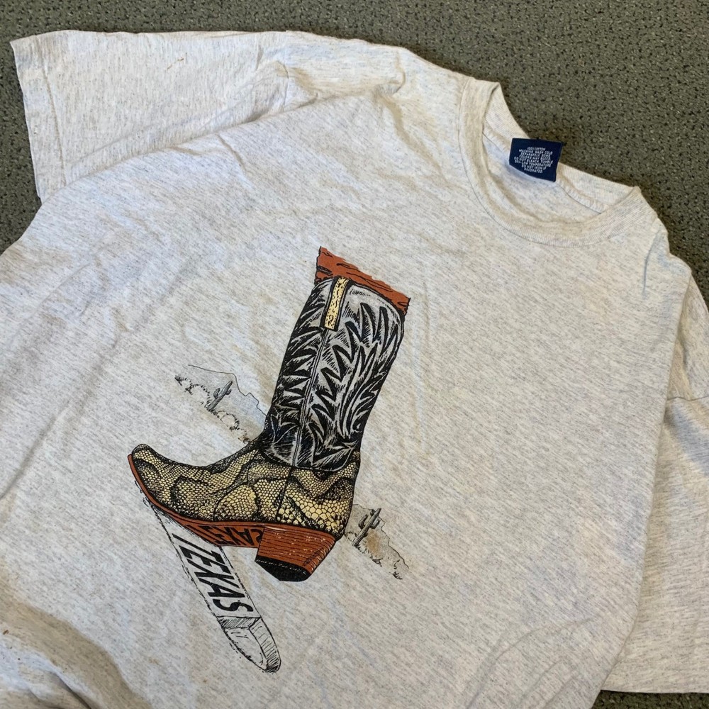 Vintage JanSport Texas Cowboy Boot Graphic T-Shirt Grey Made in USA XL