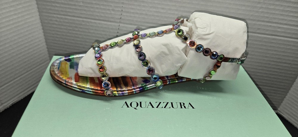 Aquazzura Shoes Womens Size 38 Rainbow Tequila Flat Sandal Crystal Made Italy