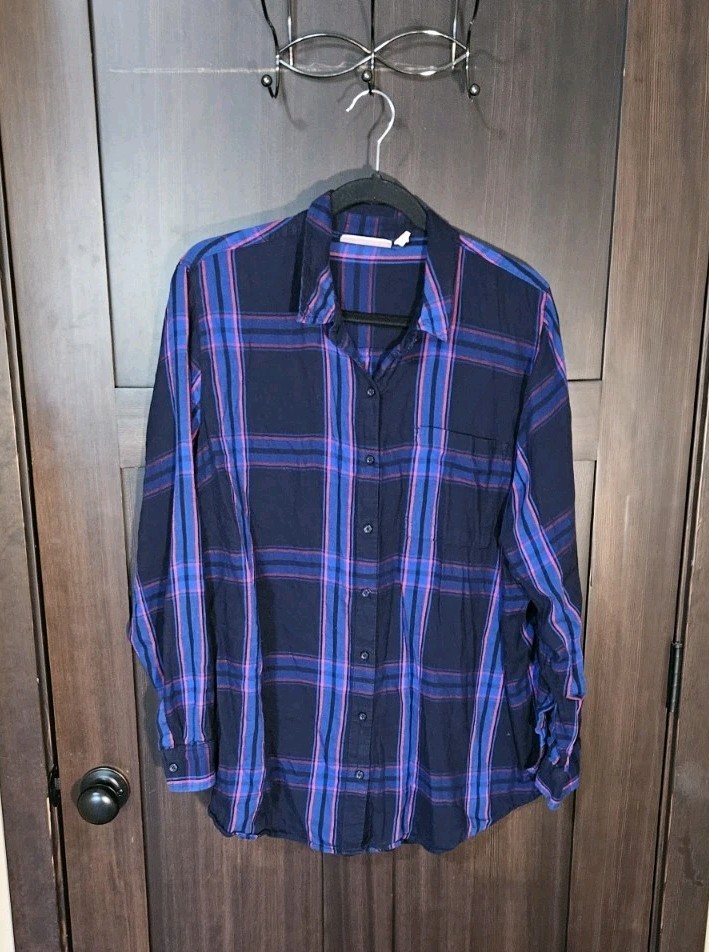 EUC Women's Plus Lightweight Flannel Plaid LS Button Up Shirt Blouse Top Size 2X