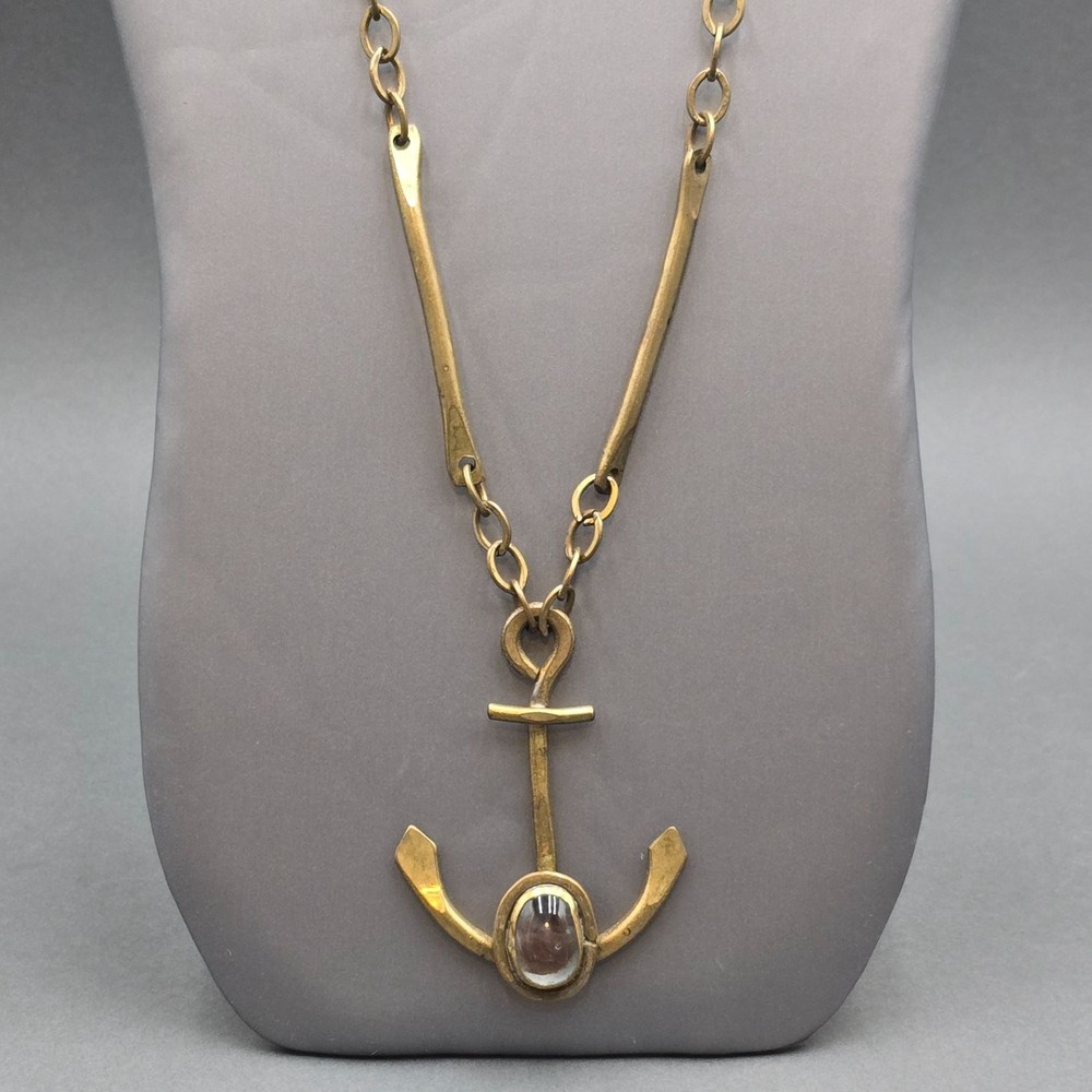 Vintage Brass Anchor Pendant Necklace Brutalist Glass Cabochon Statement Piece