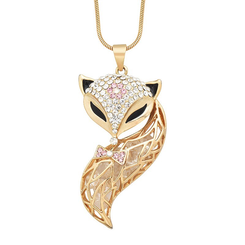 Gold Plated Crystal Fox Sweater Chain Amulet Necklace Pendant