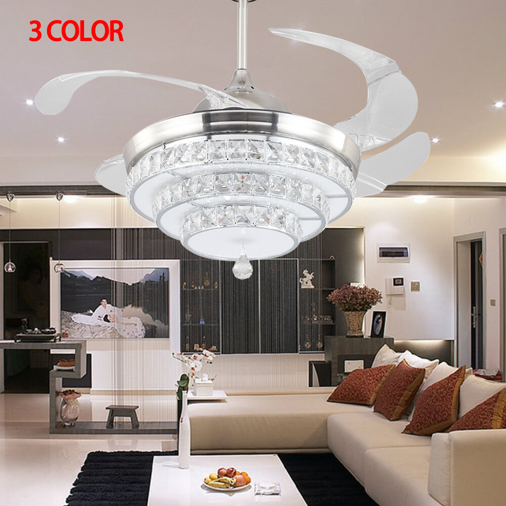 Crystal Retractable LED Chandelier Ceiling Fan with Light for Living Room Decor