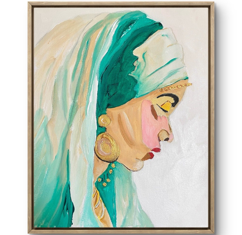 TITA PAINTZ Woman Portrait Hand Painted Teal Gold Neutral Wall Art 8x10 Canvas