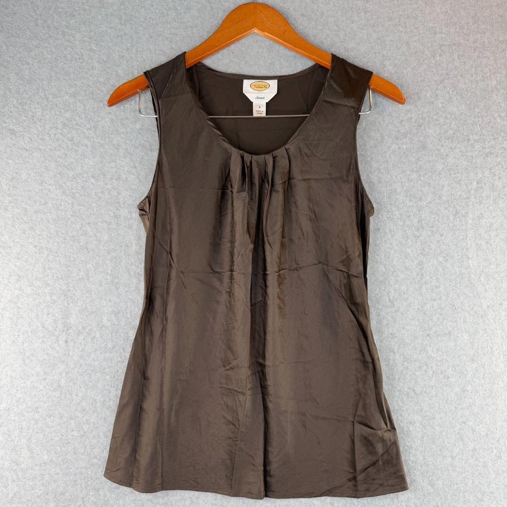 Talbots Sleeveless Top Women's 8 Brown Silk Round Neck Pleated Career Minimalist
