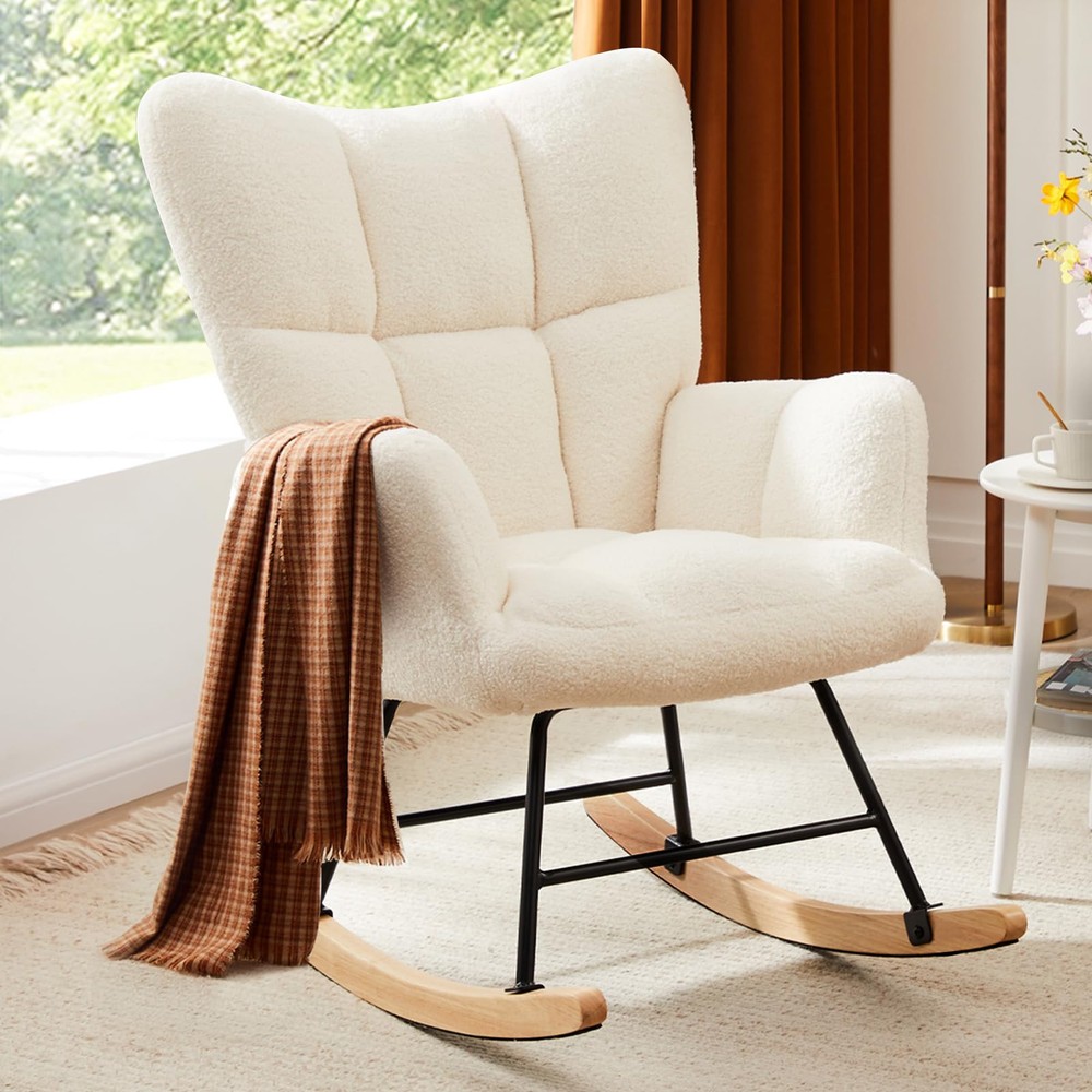 Rocking Chair Nursery, Teddy Upholstered Glider Rocker with High Backrest, Re...