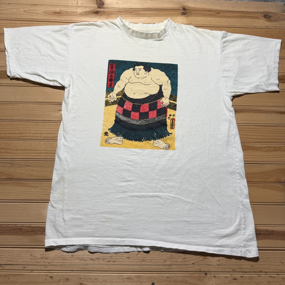 Vintage 90s Japanese Ukiyo-e Woodblock Sumo Wrestler Graphic T-Shirt - Size XL