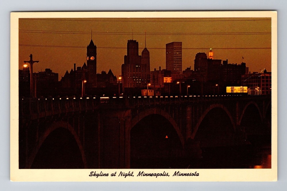 Minneapolis MN-Minnesota, Skyline at Night, Antique Vintage Souvenir Postcard