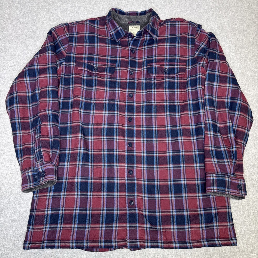 LL Bean Shacket Men’s XL Tall Maroon Plaid Fleece Lined Outdoor Heavyweight