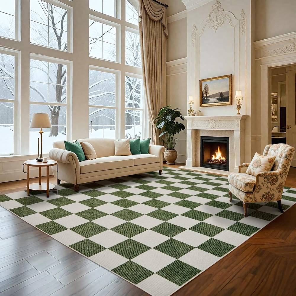 Washable Rug 5X7 Checkered Rug, Green and White Area Rug, Boho Large Rugs for Li