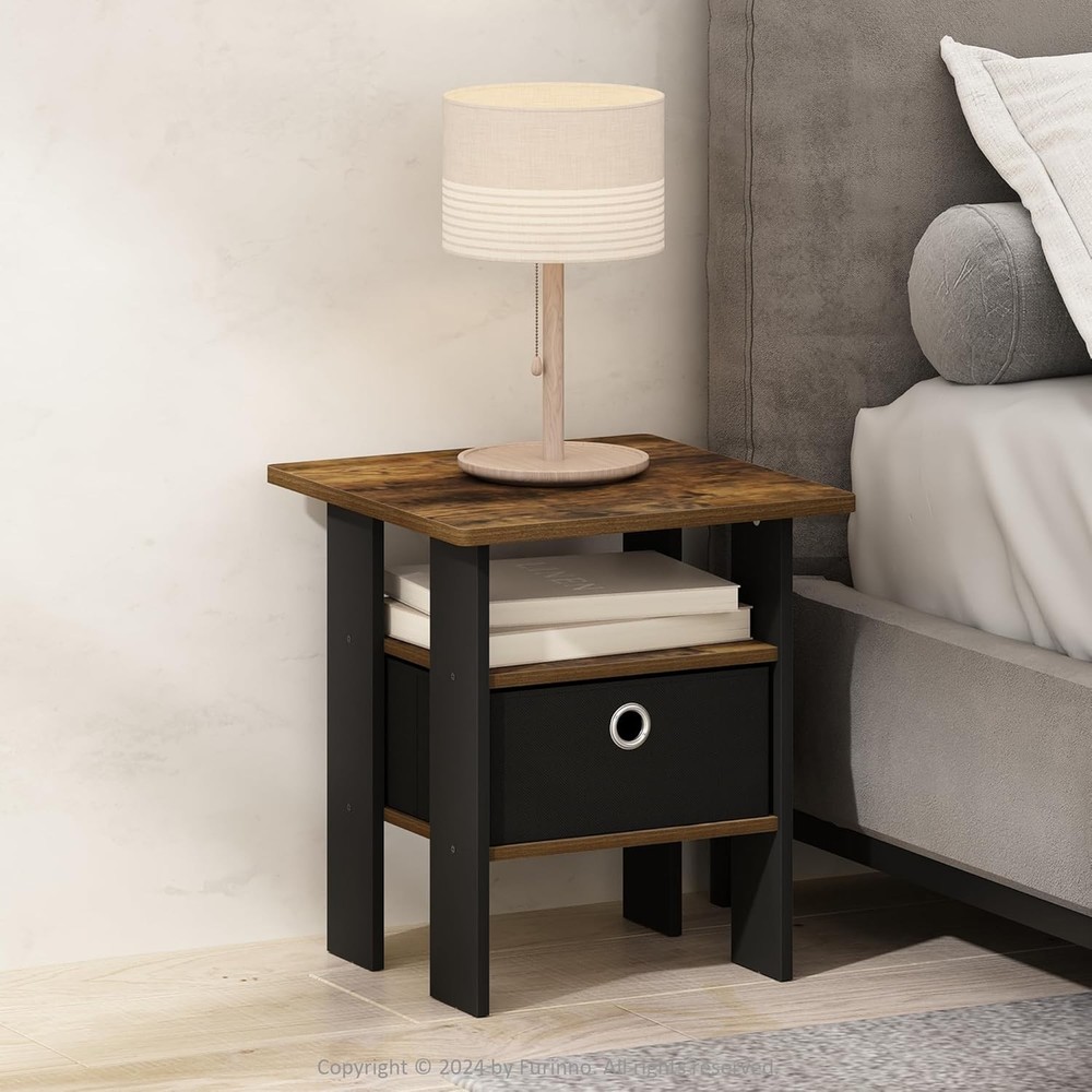 Furinno Amber Pine Black Nightstand with Storage Bin Drawer