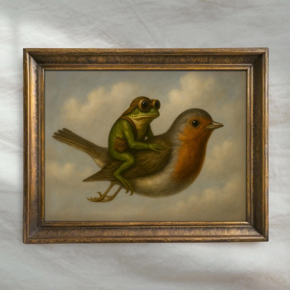Vintage Frog Riding Bird Wall Art Whimsical Fantasy Animal Print