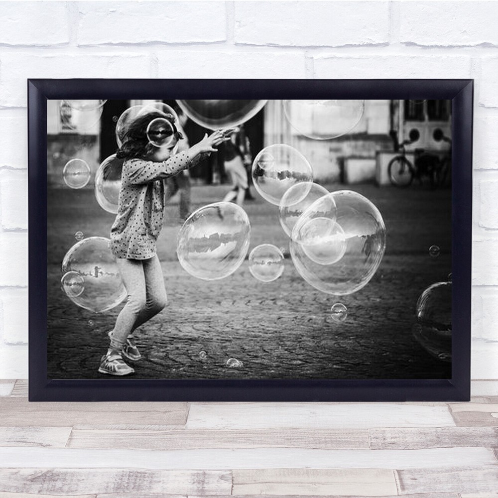 Fun Bubble Bubbles Soap B&W Street Girl Kid Wall Art Print