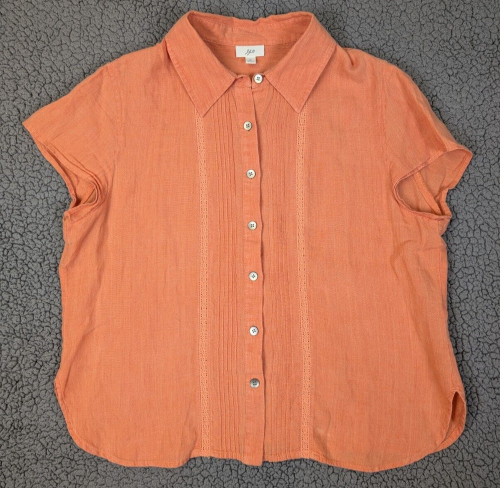 J Jill Top Button Up 100% Linen Eyelet Short Sleeve Size Medium Peach Pleated