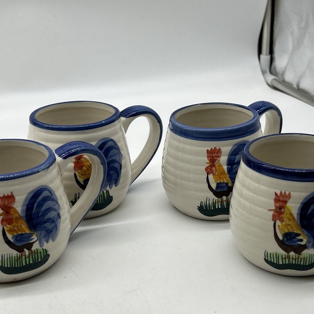 Set of 4 ALCO Industries 3D ROOSTER Blue Ribbed 12oz MUGS Cottage core Vintage