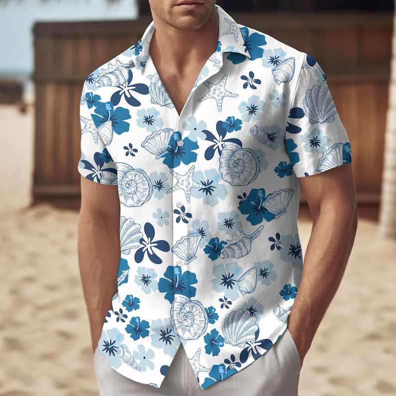 Men's Blue Ocean Seashell Hawaiian Shirt Marine Sea Life Tropical Beach Aloha