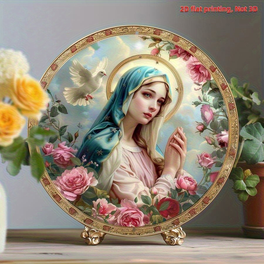 Vintage Virgin Mary Dove Round Wall Decor Floral
