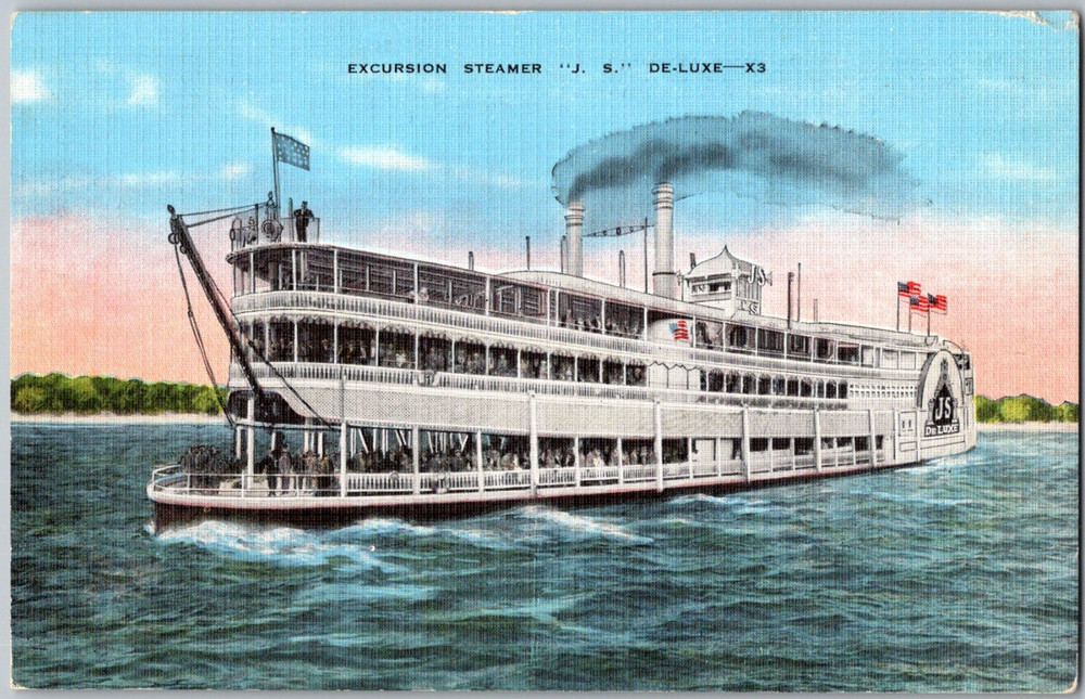 Mississippi River Excursion Steamer J.S. De-Luxe X3 Unposted Linen Postcard