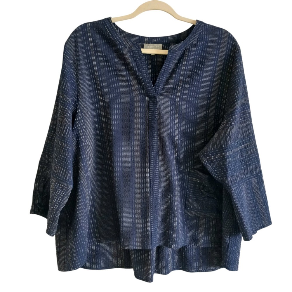 HABITAT Boxy Embroidered Top Women’s XL Blue Pocket Relaxed Fit Beach Boho