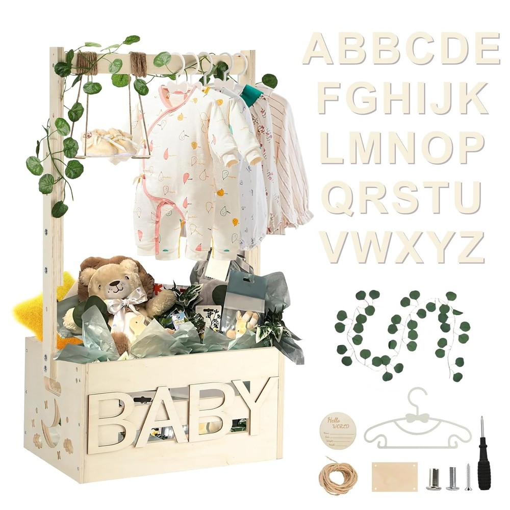 Wooden Baby Shower Crate Closet with 33.5 Inch High Wooden Basket