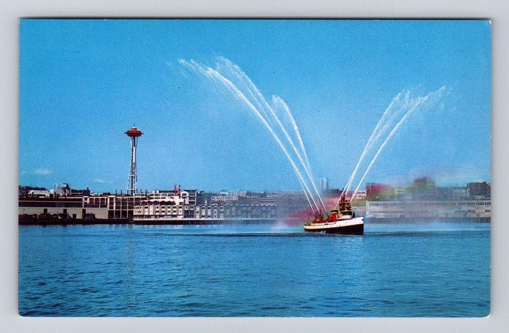 Seattle WA-Washington, Fire Boat Demo Puget Sound, Vintage Postcard