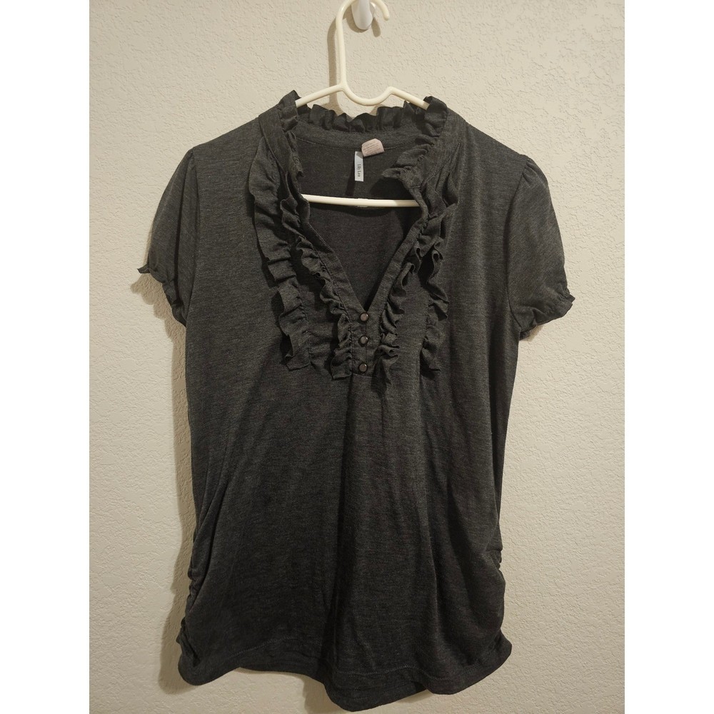 Lilly Lou Gray Ruffle V-Neck Ruched Short Sleeve Knit Top Size M Y2K Indie Twee