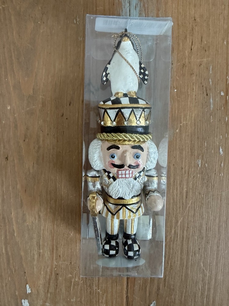 Retired Mackenzie Childs Courtly Check Penguin King Nutcracker Ornament NIB