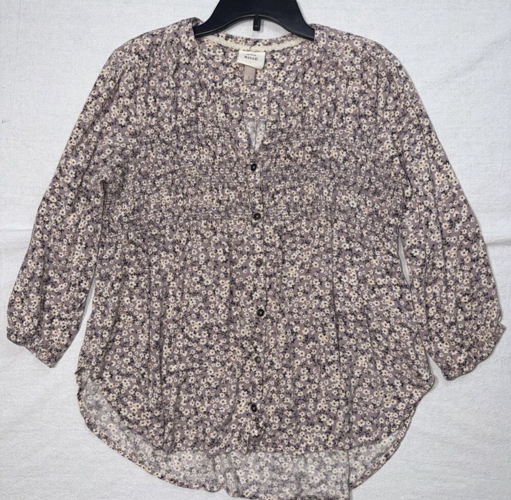 Knox Rose Floral Button-Front Smocked Blouse Purple White 3/4 Sleeve L