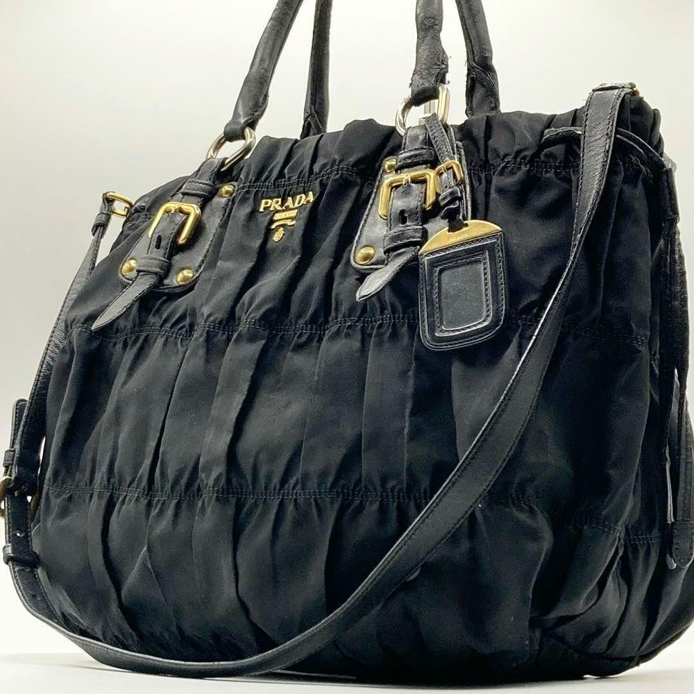 Prada 2-Way Nylon Leather Gathered Tote Shoulder Bag