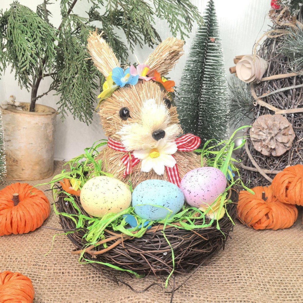 Woven Easter Bunny Basket Bunny Statue with Handle Centerpiece Ornament Animal