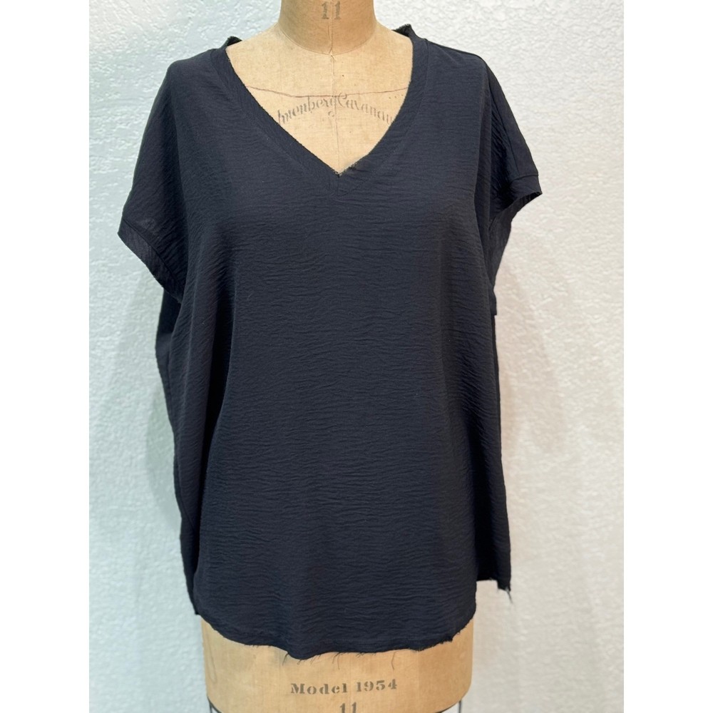Jodifl Womens Black Textured V-Neck Short Dolman Sleeve Raw Hem Top Large