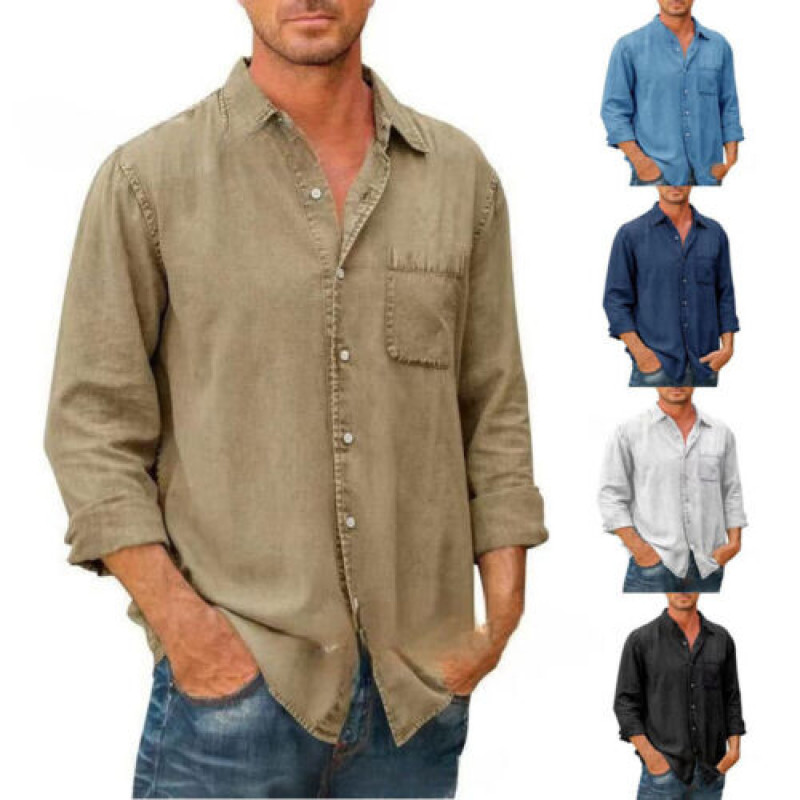 Men Long Sleeve Shirt Button Down Cotton Shirts Casual Single Breasted Top Party