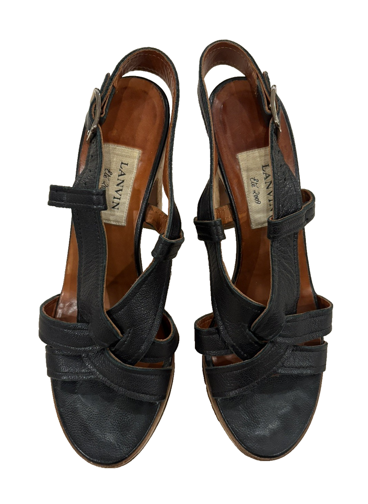 LANVIN Paris Black Leather Cork Platform Wedge Sandals Size 38.5 US 8/8.5 Italy