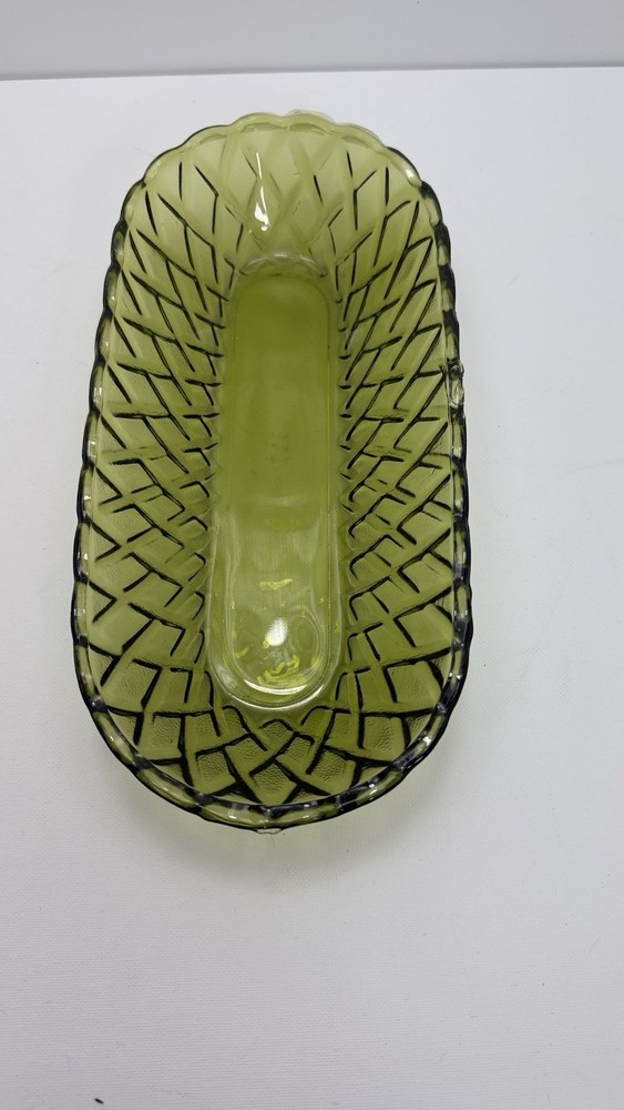 Depression Indiana Glass Basket Weave Avocado Green Celery Relish Dish 1960's