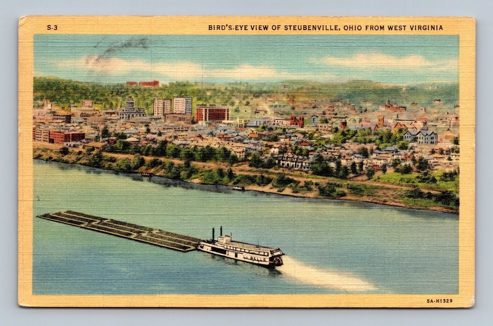 Vintage Linen Postcard Bird's-Eye View Steubenville Ohio 1942