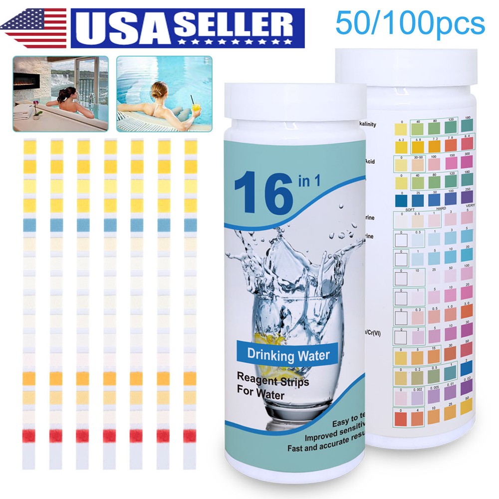 16-in-1 Drinking Water Test Kit Strips, 100 cnt. Home Water Quality Test for Tap