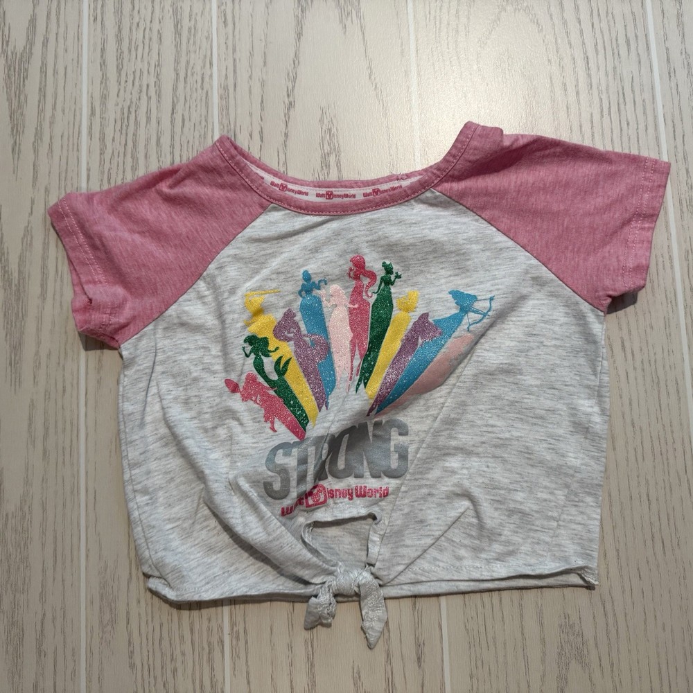 Disney Parks Princess Shirts Girls XS Pink Gray Walt Disney World Tie Front Top