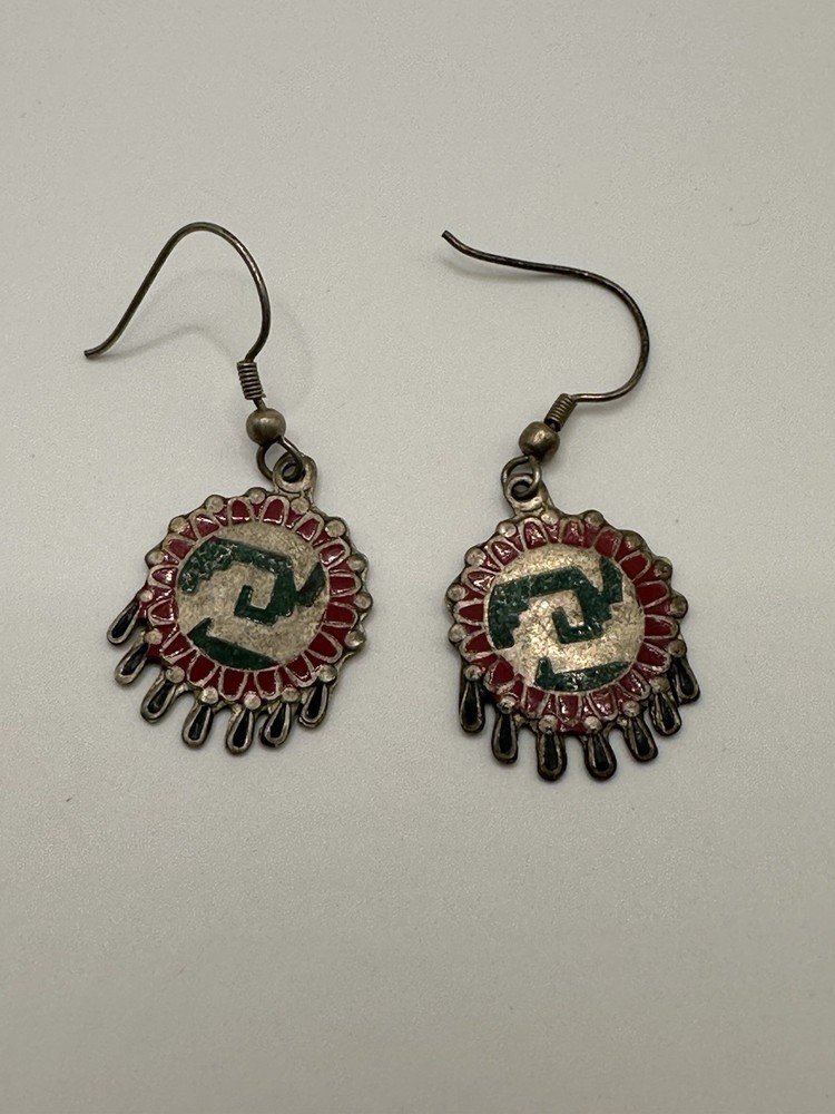 Vintage Alpaca Mexico Silver Tone Stone Inlay Dream Catcher Dangle Earrings 1”L
