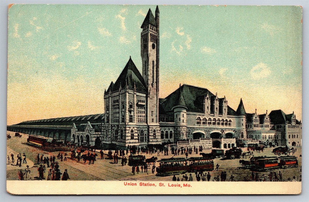 Union Station Trolleys Horse Wagons Tower St Louis MO C1910 Postcard AB22