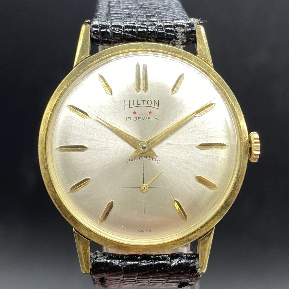 Vintage Hilton Watch Mechanical 17 Jewels Swiss 20 Microns Plaque Gold