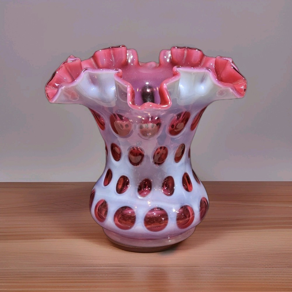 Fenton Art Glass  Cranberry Opalescent Coin Dot Ruffled Top Vase 7¼ Inches
